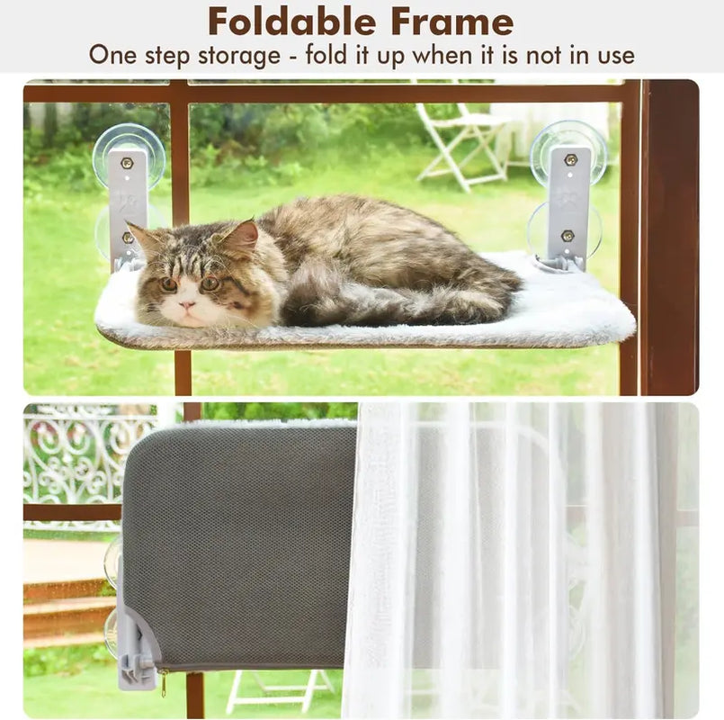 Cordless Cat Window Perch, Cat Hammock with 4 Suction Cups, Solid Metal Frame and Reversible Cover, Soft Touch Comfortable Skin-Friendly Large Foldable Cat Window Seat