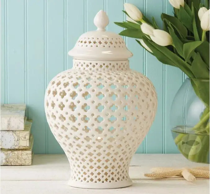 Elegant White Ceramic Ginger Jar - Luxury Decor Piece