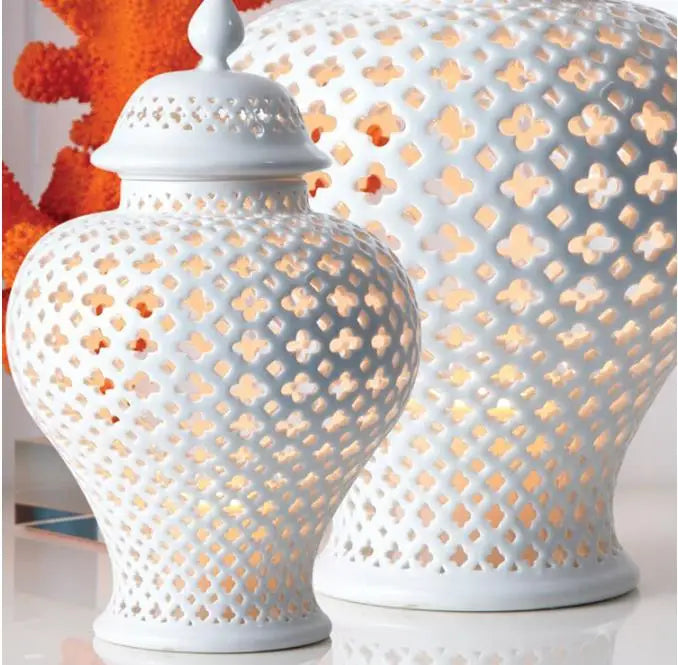 Elegant White Ceramic Ginger Jar - Luxury Decor Piece