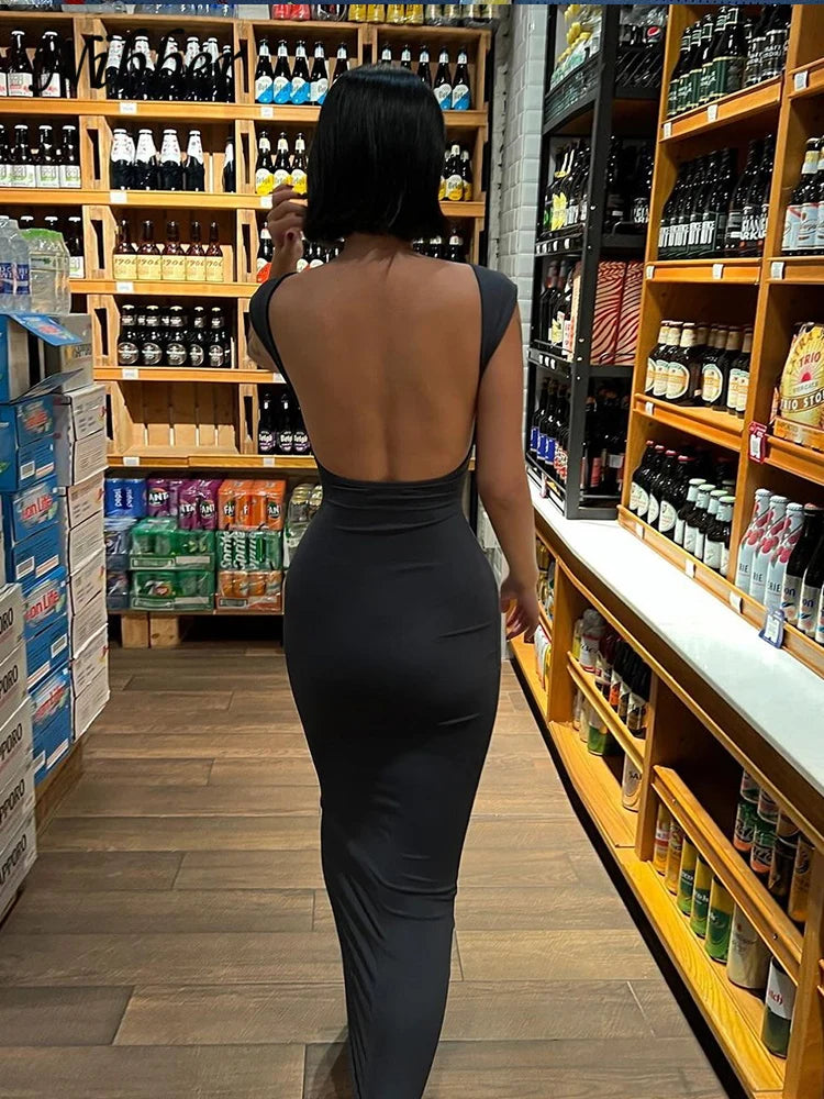 Solid Backless Maxi Dress