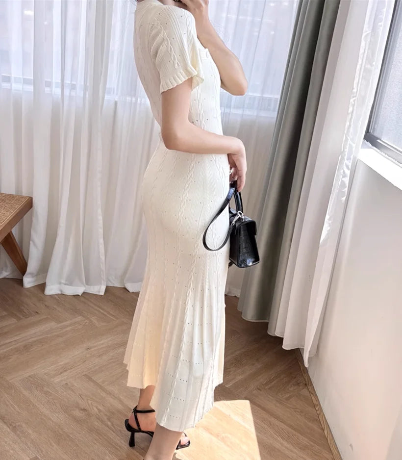 Elegant White Hollow Knitted Dress