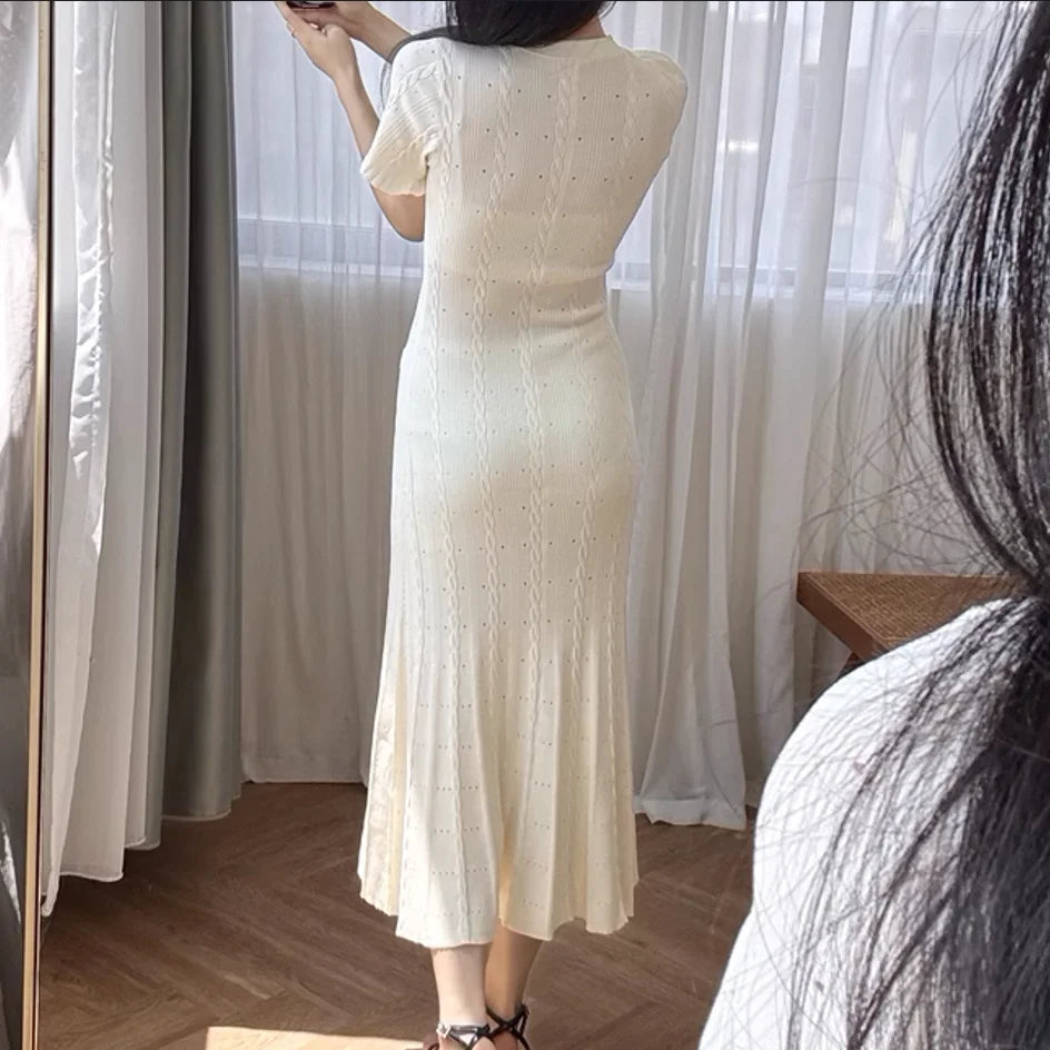 Elegant White Hollow Knitted Dress