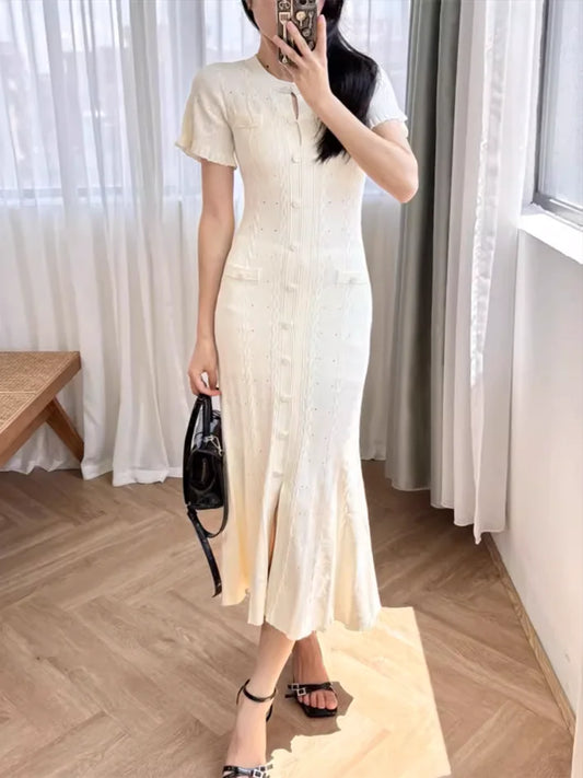 Elegant White Hollow Knitted Dress