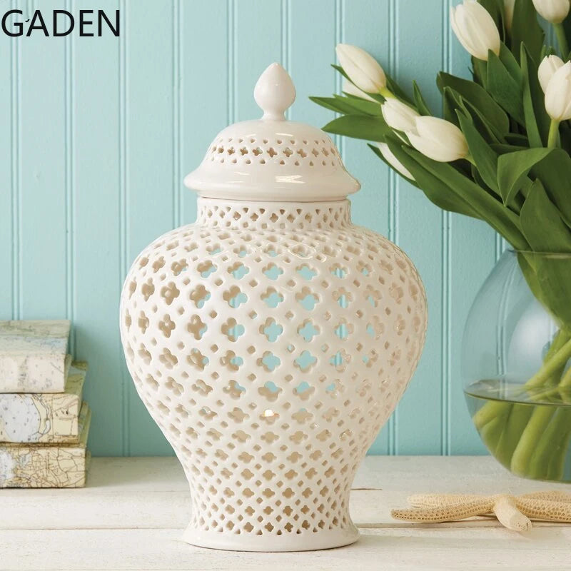 Elegant White Ceramic Ginger Jar - Luxury Decor Piece