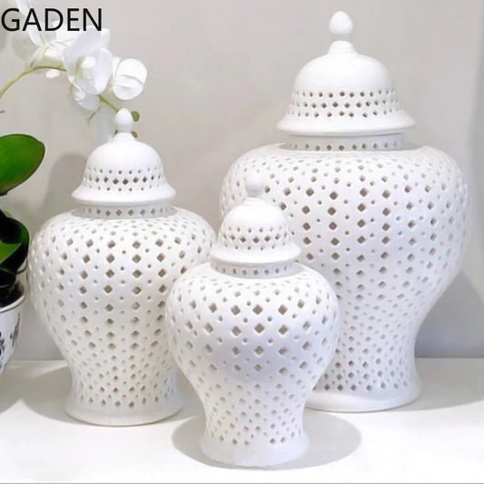 Elegant White Ceramic Ginger Jar - Luxury Decor Piece