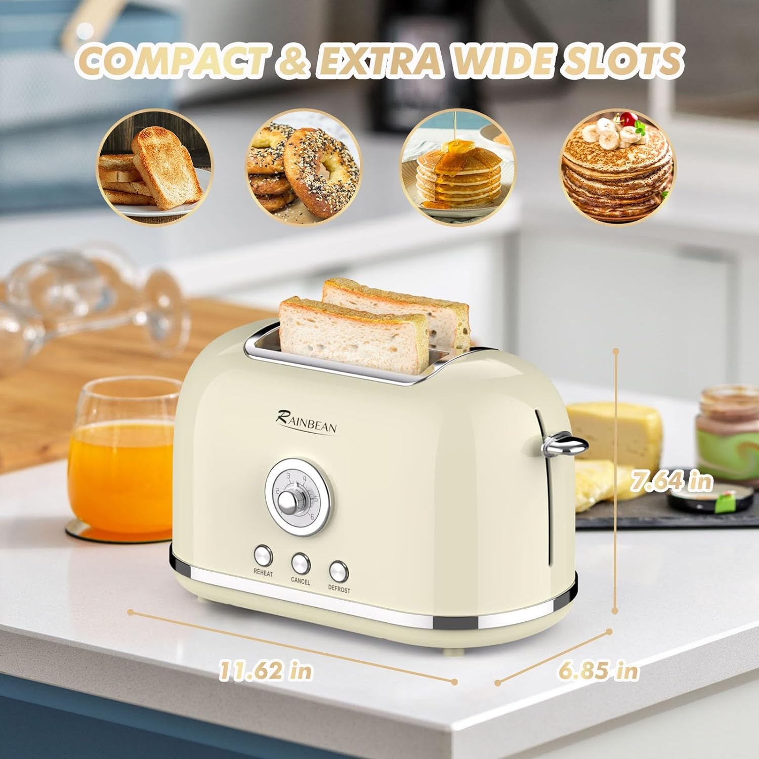 Toaster 2 Slice Retro Toaster Stainless Steel with 6 Bread Shade Settings and Bagel Cancel Defrost Reheat Function, Cute Bread Toaster with Extra Wide Slot and Removable Crumb Tray