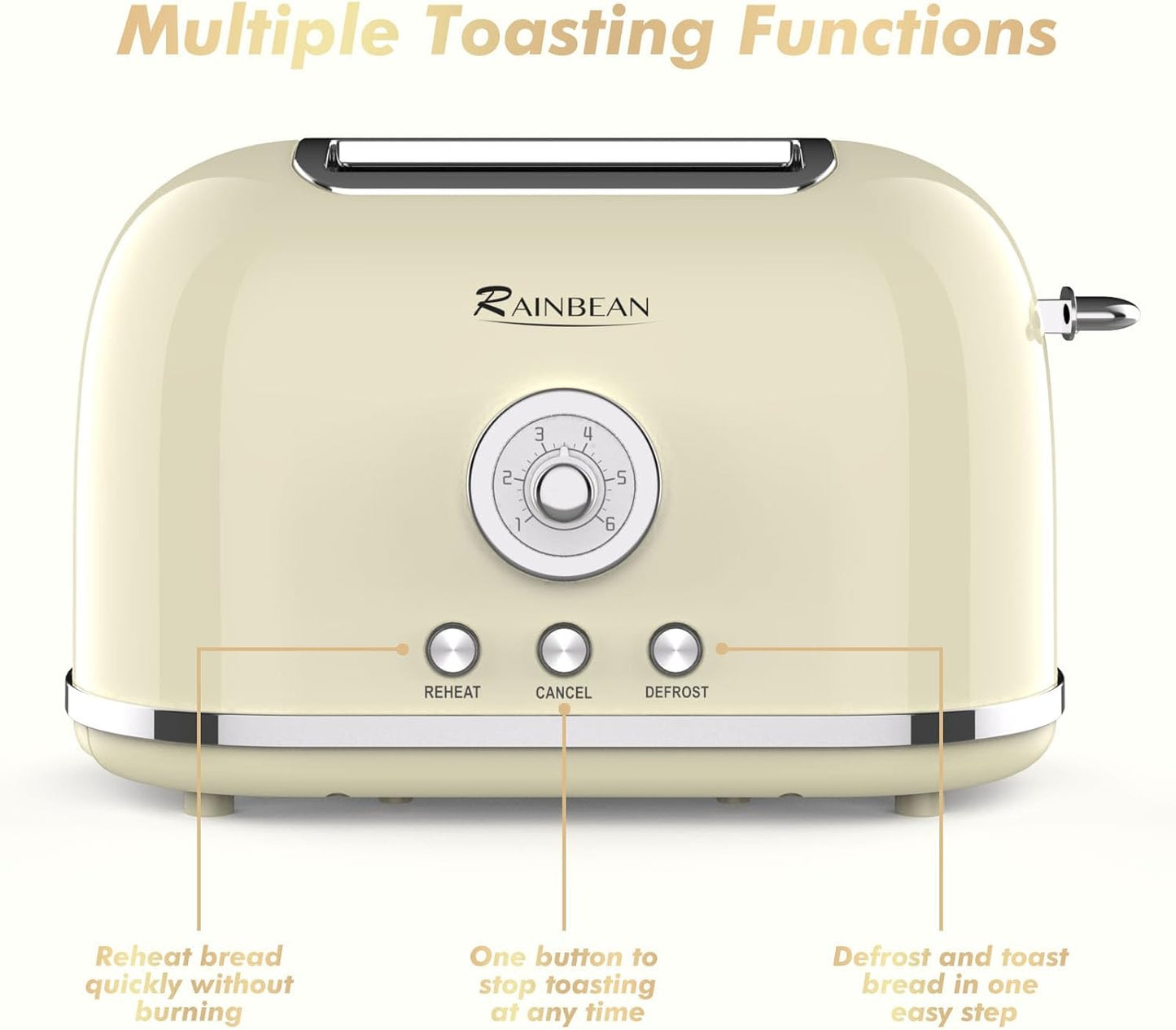 Toaster 2 Slice Retro Toaster Stainless Steel with 6 Bread Shade Settings and Bagel Cancel Defrost Reheat Function, Cute Bread Toaster with Extra Wide Slot and Removable Crumb Tray